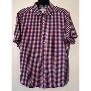 Crown & Ivy Classic Preppy short sleeve shirt Mens‎ Sz L Red/Blue plaid Dadbod